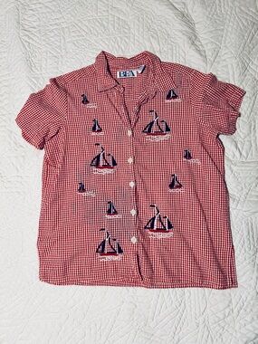 BFA Classics Brand Red Gingham Button Down Top w/ Embroidered Sailboats